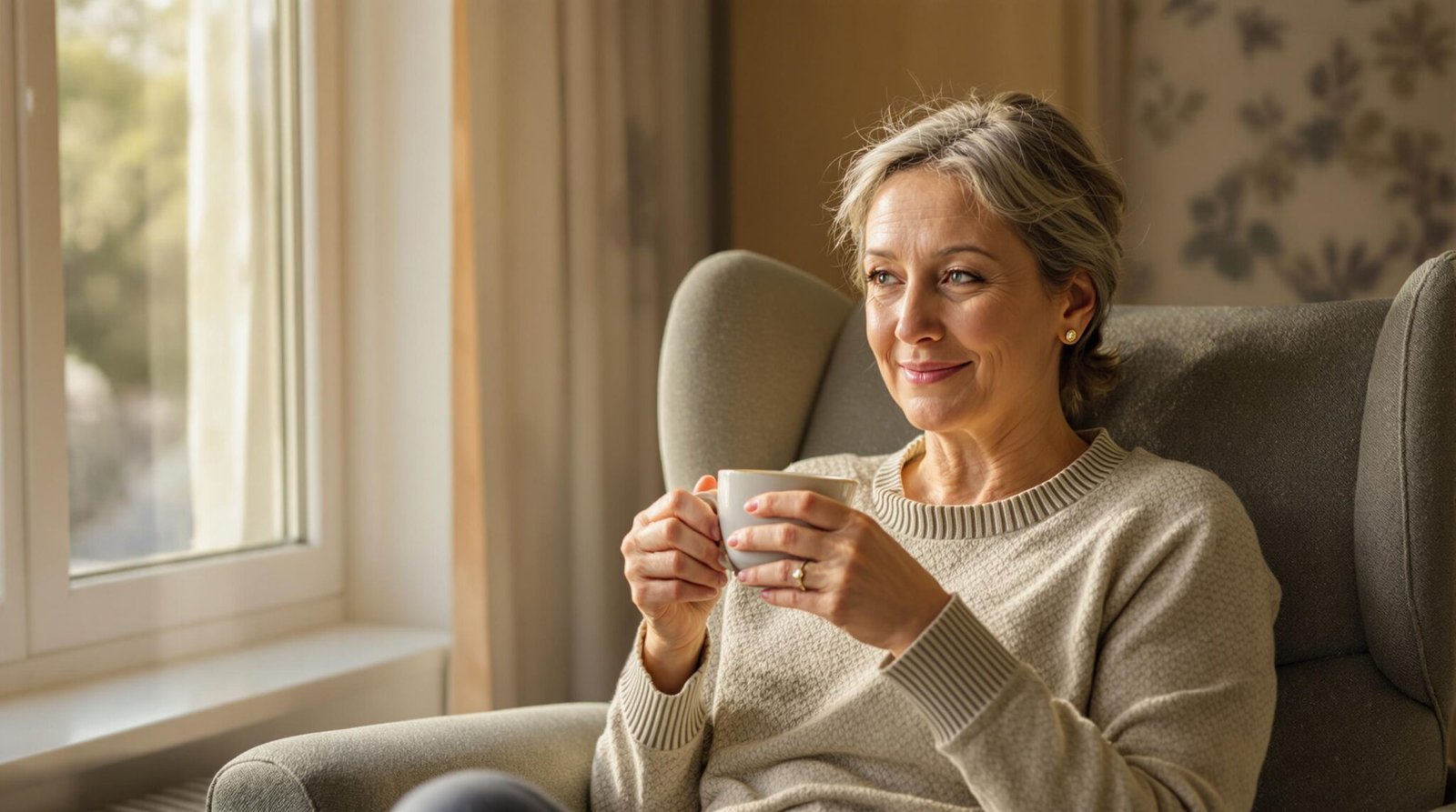 Woman relaxing with coffee in armchair